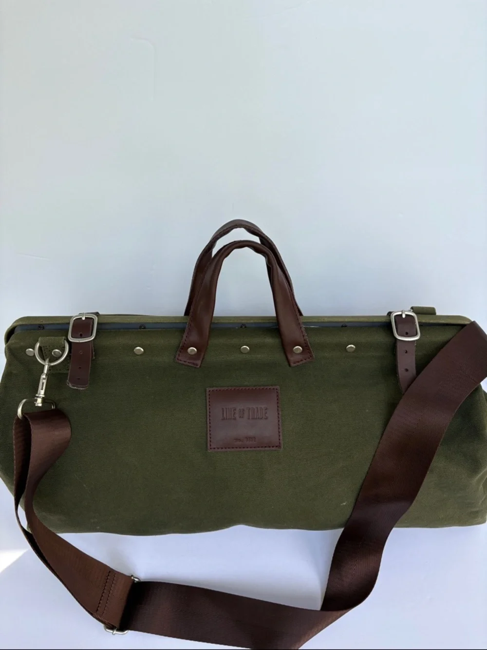 Line of Trade Canvas Weekender Bag Olive Duffel Brown Leather Trim 0312